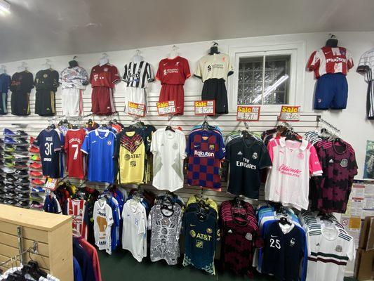 Soccer jerseys on sale.