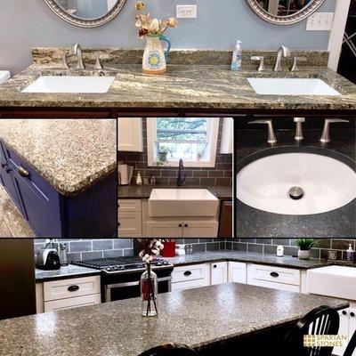 Golden fantasy Brazil Kitchen and bathroom with granite backsplash