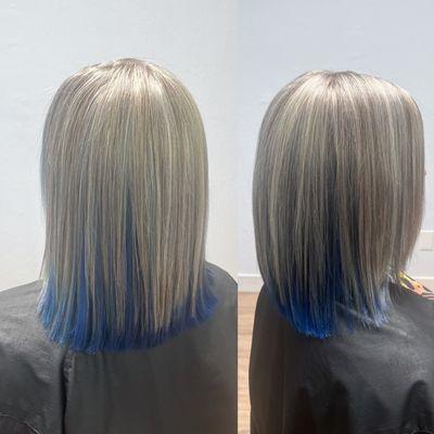 Silver highlights to blend her greys and a blue peek-a-boo!