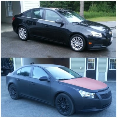 Chevy cruze before and after dipped matte black with matte red roof and trunk