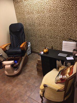 Relaxing Spa Pedicure chair and comfortable chair await you during your nail service.