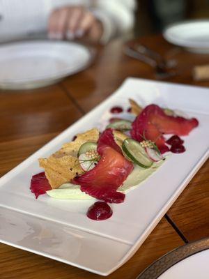 Beet cured salmon is amazing I could've eaten three of these without sharing