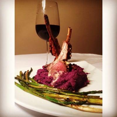 My Christmas Dinner Catered by Kitchen Bongou. Blended Spiced seared Lamb with Purple sweet potatoe, gravy, and grill Asparagus!