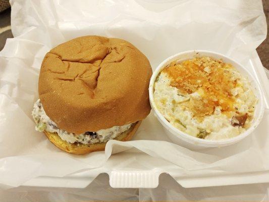 Pecan chicken salad sandwich with corn casserole