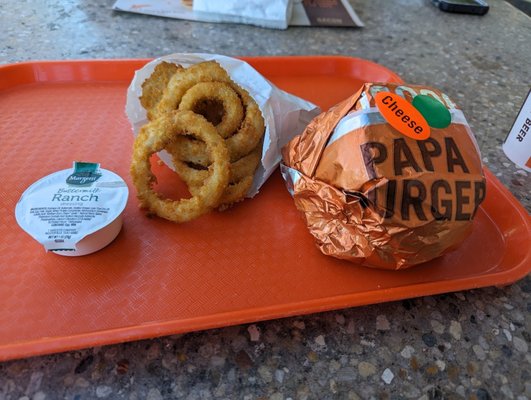 An order of a Veggie Burger with Cheese and Onion Rings.   Eating outside.