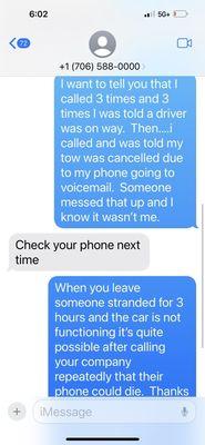 Communication from tow company blaming me for lack of service.