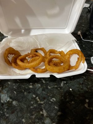 Onion rings were soggy and not as crispy as they should be.