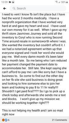 Business owner that sold her shop to Coryl McGurren and has not been paid per the contract and agreement.