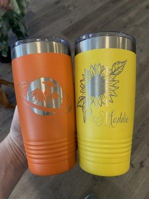 Laser engraved tumbler drinkware.