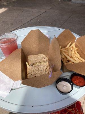 My meal: Curry Chicken Salad sandwich with fries and watermelon lemonade