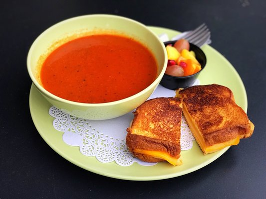 Tomato basil with grilled cheese on French brioche