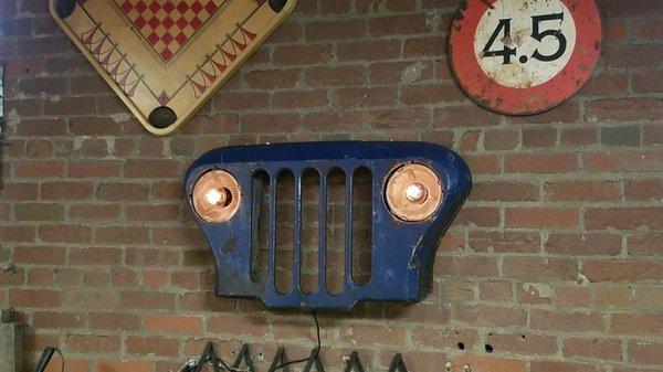 Jeep Grill edison light wall decor from a vintage US post office delivery jeep