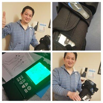 Getting Fitted with medical equipment. 
 Knee Brace + TENS Unit for pain. 
 Covered by some insurance.