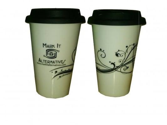 One of our own promotional mugs.  We do lots of things like this, pens, bags - and you bet - tshirts