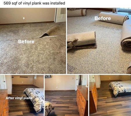 Before and after: old carpet to new LVP flooring in the master bedroom.