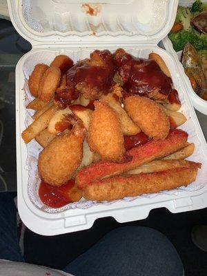 #14 with sweet bbq sauce wings , shrimp , fries , crab sticks and scallops.