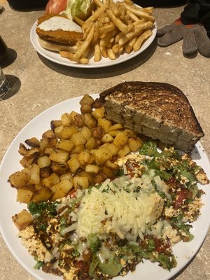 Broccoli, cheddar and roasted red pepper Tofu scramble with home fries & the Buffalo Chick'n (vegetarian) sandwich with French fries