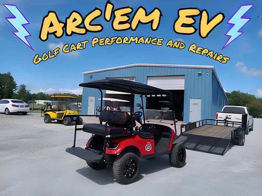 Arcem EV text over image of shop in storage unit advertising golf cart performance and repairs