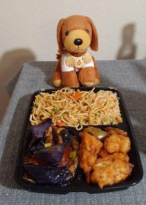 Rice, chow mein, eggplant, and orange chicken from the hot food bar 3/10/24