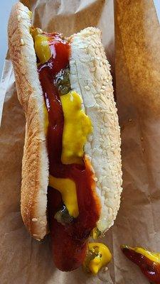 Ketchup, mustard, and relish hot dog. I miss the brown mustard, diced onions, and sauerkraut.