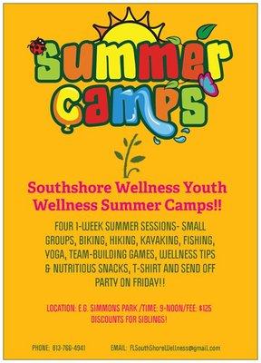 Youth Wellness & Fitness Fun Summer Camps!!  Age: 7-13; Dates:  June 4th, 18th; July 9th, 16th. Time: 9-noon.  Location:  E.G. Simmons Park