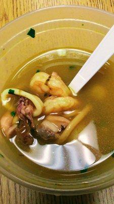 Everybody in the tide pool! Fresh shrimp, squid, octopus, mussels, potatoes and cilantro swimming in a clear broth. Tender taste of the sea.