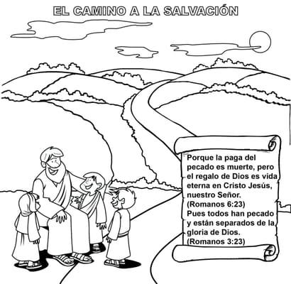 Spanish Roman Road coloring card.  Panel 1