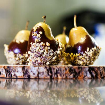 Petite Candied Pears Dipped in Chocolate