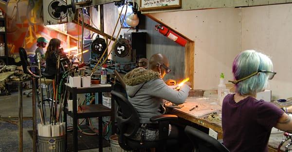 The staff has access to a fully stocked glass studio in the back.  This night is glass class, which we use to focus on skill building.