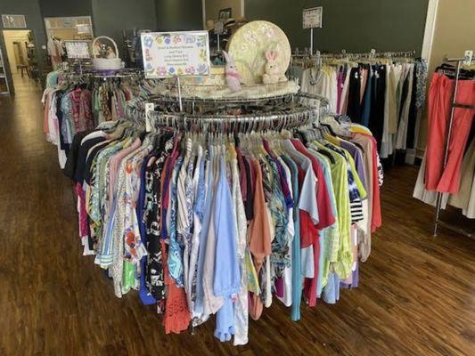 BWC Thrift shop sells women's and men's clothing, shoes, jewelry, and hats.