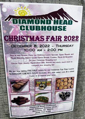 Christmas Fair 2022 on 12/8/2022 10am to 2pm 4F Clubhouse