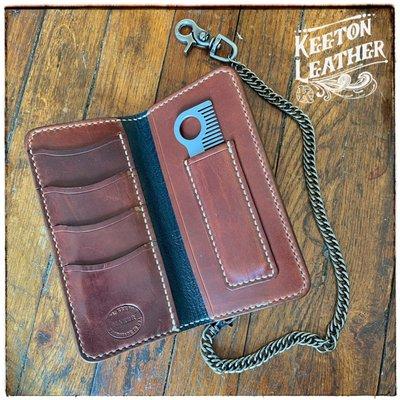 I love custom work, like this long wallet with a space for carrying an aluminum comb. Call me with your ideas!