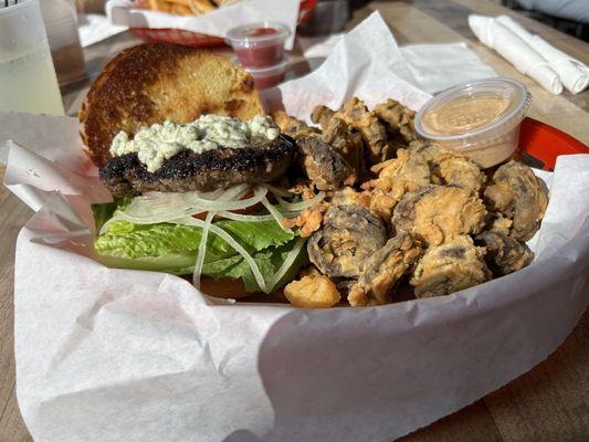 Blue burger & fried mushrooms