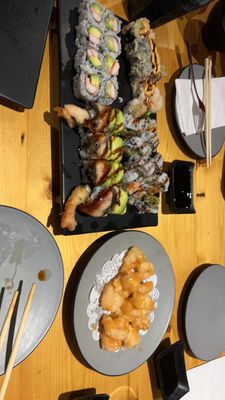 Rock Shrimp, Volcano Roll, Shrimp Tempura Roll, California roll, and Godzilla roll