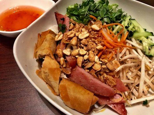 Bun Nem Nuong Cha Goi - (Grilled pork parties with rice vermicelli and egg roll with Nuoc Cham sauce)