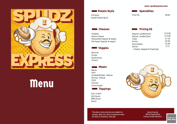 Spudz Express Menu