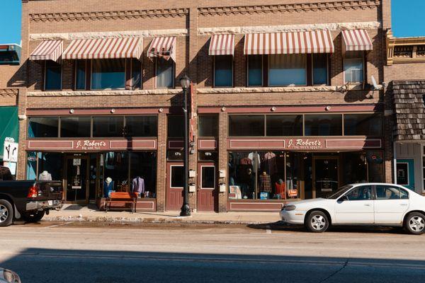 Outside view of the historic J. Robert's Menswear, a locally-owned men's clothing and tuxedo rental store in Elkhorn, WI