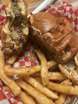 Devilish Avocado Burger and fries