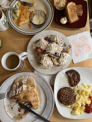 Buffalo chicken omelet, chocolate chip pancakes, scrambled eggs, sausage, cream cheese stuffed French toast