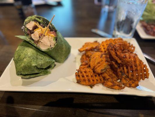 Chicken, bacon, ranch wrap with sweet potato fries