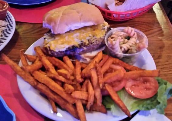 1/2 lb. cheeseburger with sweet potato fries.