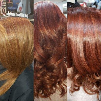 Before and After. Loving the copper red hair