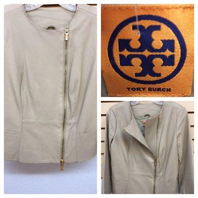 Beautiful Tory Burch leather jacket with gold zippers.