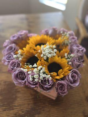 Custom purple rose heart with sunflowers