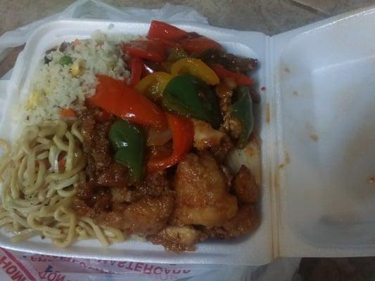 Fried rice chow mein orange chicken and "spicy chicken"