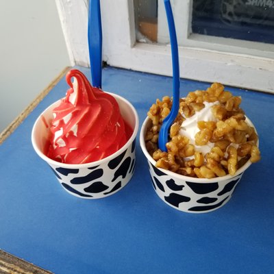 Soft serve vanilla with cherry shell dip and soft serve vanilla with wet walnuts