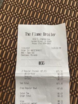 Receipt showing paid for 2 bowls getting 1 free.