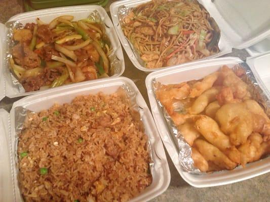 Szechuan beef, chicken chow mein, almond fried chicken, and pork fried rice!