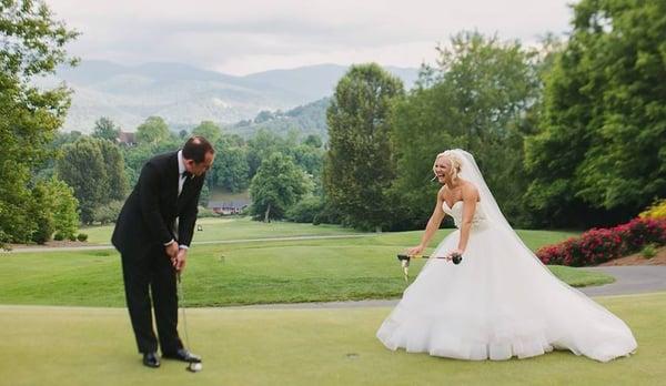 The happy couple testing their putting skills.