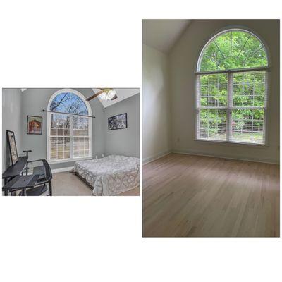 Old carpets removed and new red oak floors installed with customized Bona Stain and commercial grade sealant